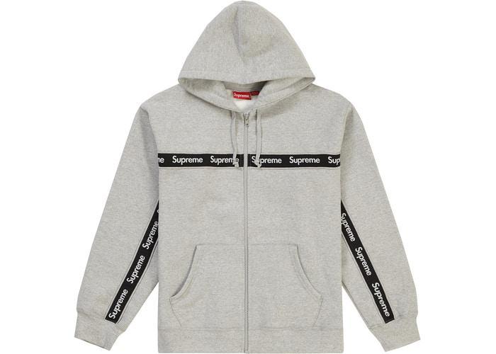 Supreme Text Stripe Zip Up Hooded Sweatshirt Heather Grey