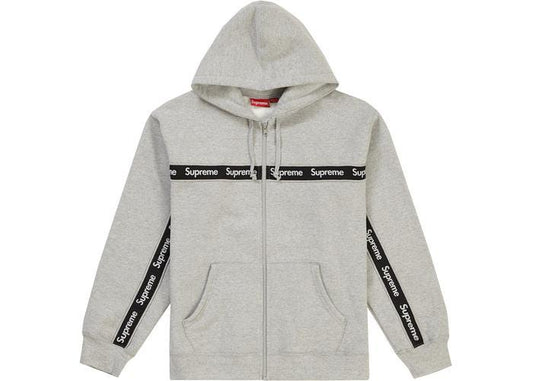 Supreme Text Stripe Zip Up Hooded Sweatshirt Heather Grey