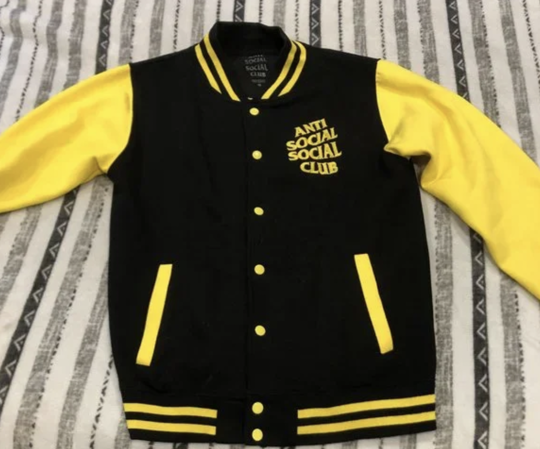 anti social social club dropout letterman jacket yellow black