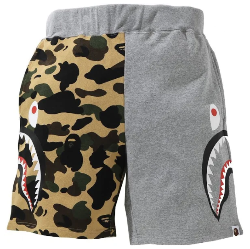 BAPE 1st Camo Half Side Shark Sweat Shorts Yellow