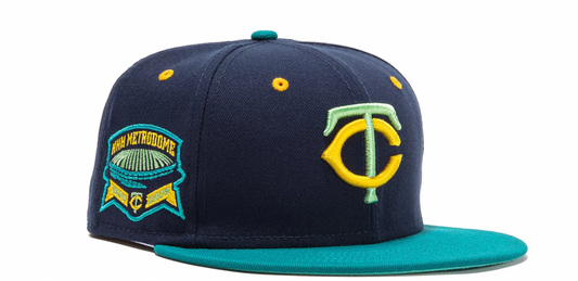 New Era Minnesota Twins Beer Pack Metrodome Stadium Patch Hat Club Exclusive 59Fifty Fitted Hat Navy/Teal