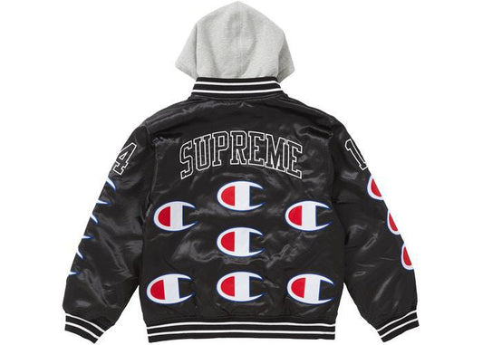 Supreme Champion Hooded Satin Varsity Jacket Black